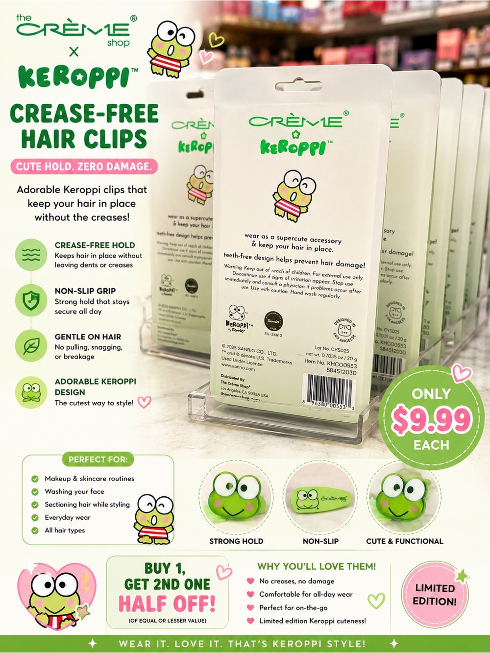 Crème Keroppi Crease-Free Hair Clips — Green (Set of 3) in package - Picture 2 of 2